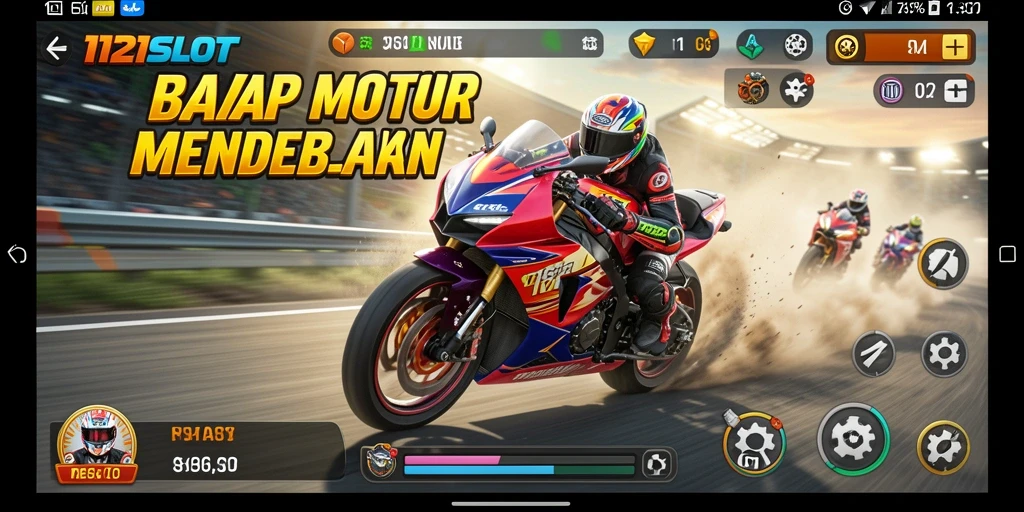 Screenshot gameplay 1121SLOT menampilkan aksi balap motor yang mendebarkan.