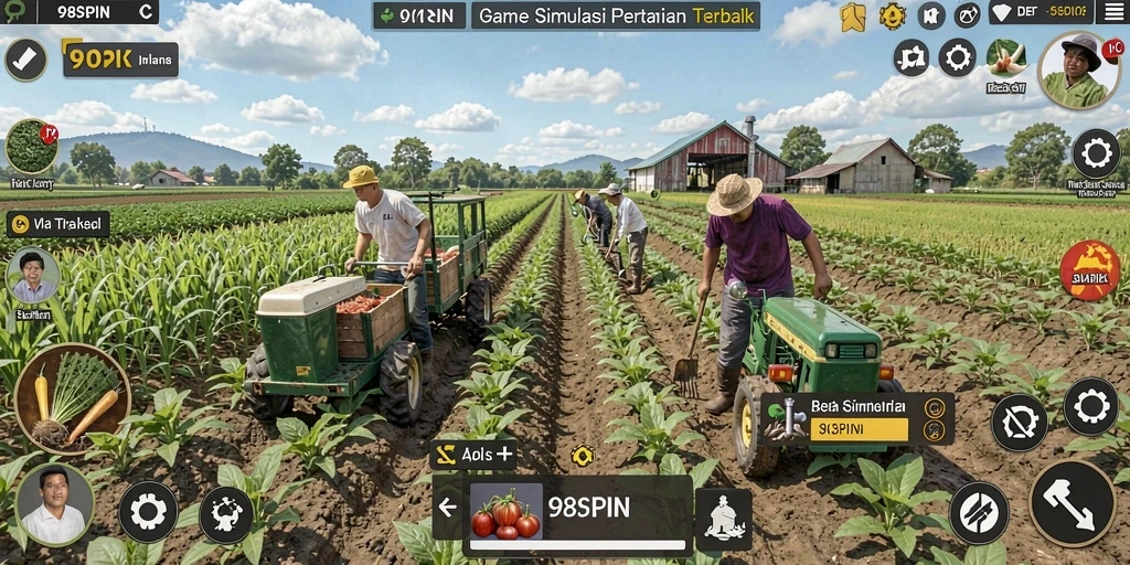 Tampilan gameplay 98SPIN yang menawan dengan ladang hijau dan hewan ternak.