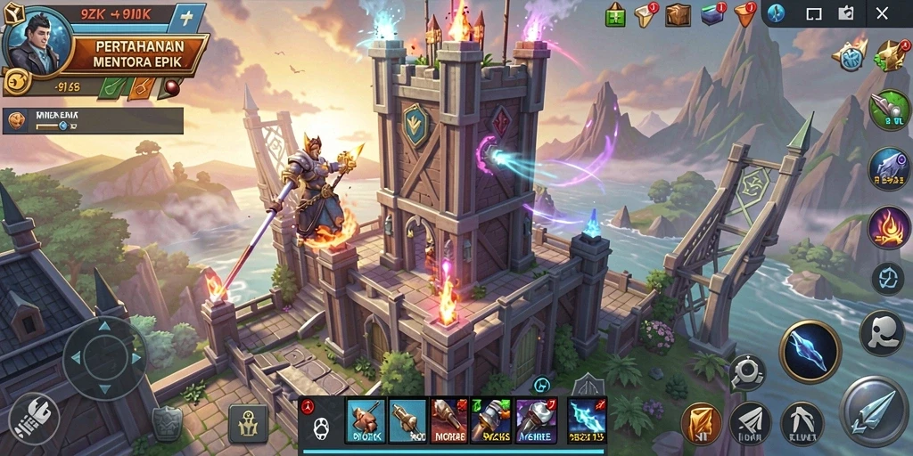 Tampilan menonjol dari gameplay 9ZK dengan pertahanan menara yang sedang bertempur.