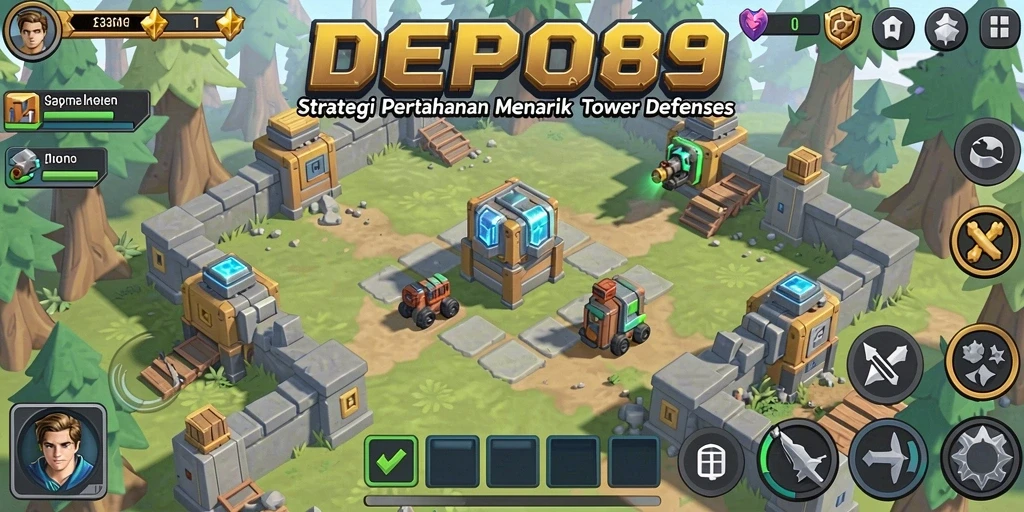 Tampilan gameplay DEPO89 yang menampilkan pertahanan menara melawan musuh.