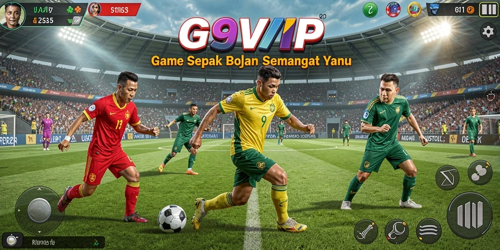 Screenshot utama menunjukkan pertandingan sepak bola yang intens.