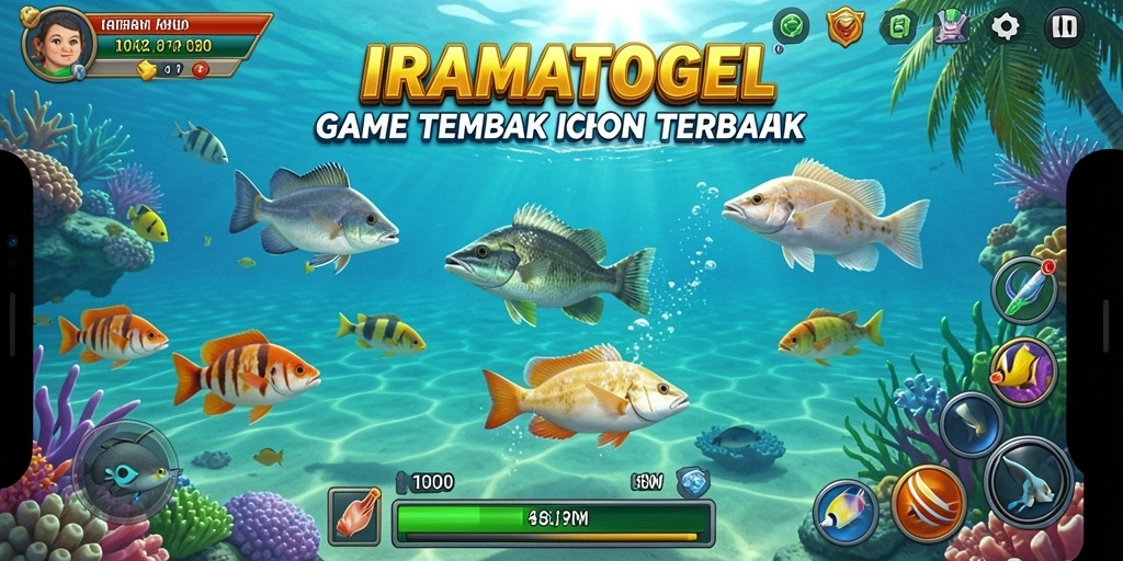 Screenshot gameplay seru dari IRAMATOGEL menampilkan aksi menembak ikan.