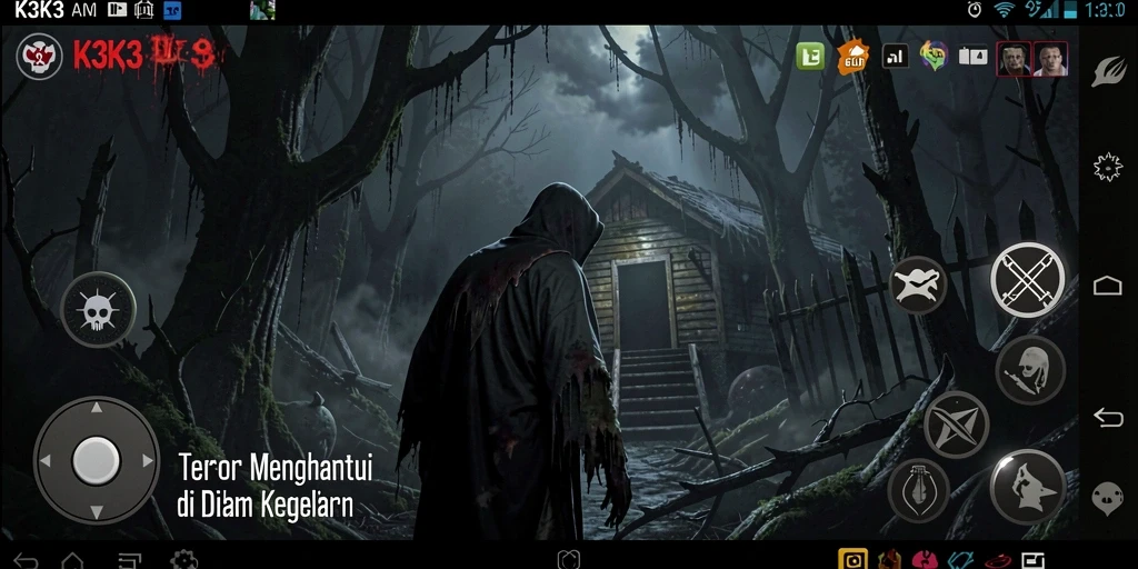 Tangkapan layar K3K3 menampilkan gameplay menegangkan di lingkungan yang gelap dan menyeramkan.