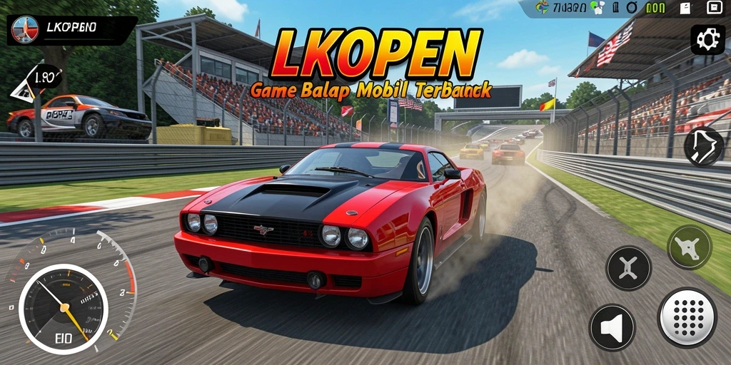 Tampilan gameplay LKOPEN dengan balapan yang seru dan mobil yang cepat.