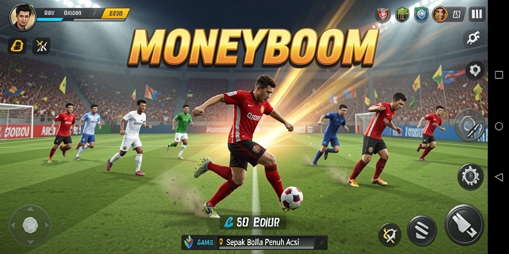 Gameplay MONEYBOOM yang menampilkan aksi sepak bola yang mendebarkan.