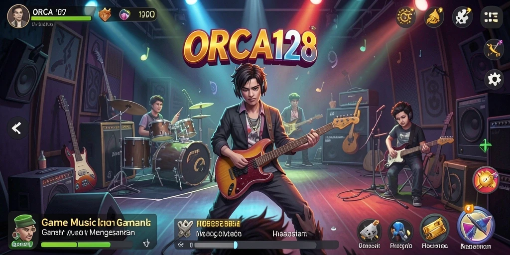 Tampilan gameplay ORCA128 yang seru dan interaktif dengan berbagai lagu.