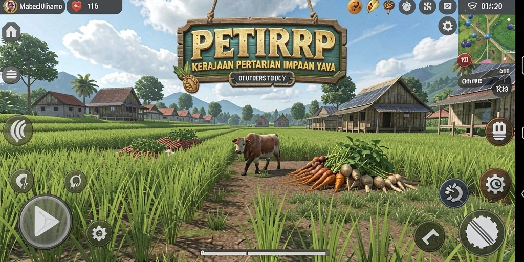 Tangkapan layar gameplay PETIRRP menampilkan ladang yang subur dan interaksi petani.