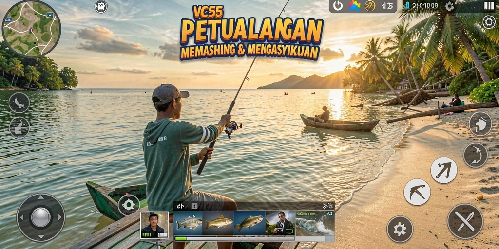 Tampilan gameplay VC55 saat menjelajahi lokasi memancing yang indah.