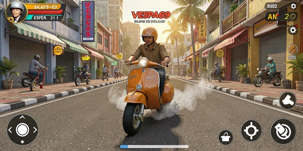 Tampilan menarik gameplay balapan VESPA69 dengan Vespa klasik.